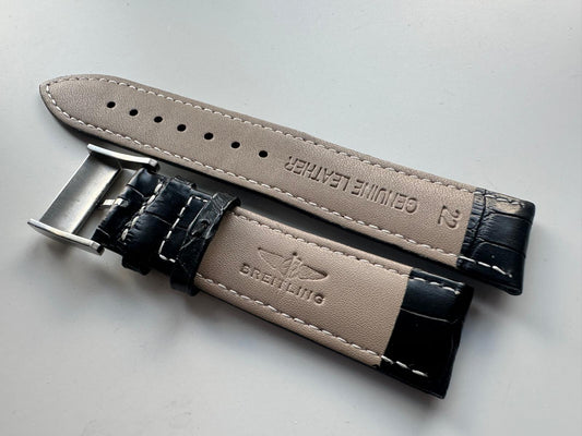 22MM Leather Strap BALCK Watch Band with AFTMRKT BREITLING Tang Buckle B